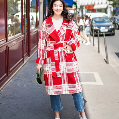 Red White Plaid Coat Notched Tie Waist Coats Pockets Wool Jackets