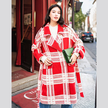 Red White Plaid Coat Notched Tie Waist Coats Pockets Wool Jackets