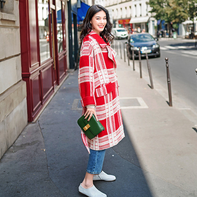 Red White Plaid Coat Notched Tie Waist Coats Pockets Wool Jackets