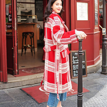 Red White Plaid Coat Notched Tie Waist Coats Pockets Wool Jackets