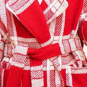 Red White Plaid Coat Notched Tie Waist Coats Pockets Wool Jackets