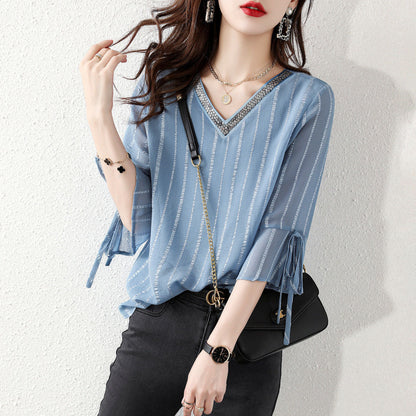 Sky Blue Sequins V Neck Jacquard Chiffon Shirt Half Sleeve