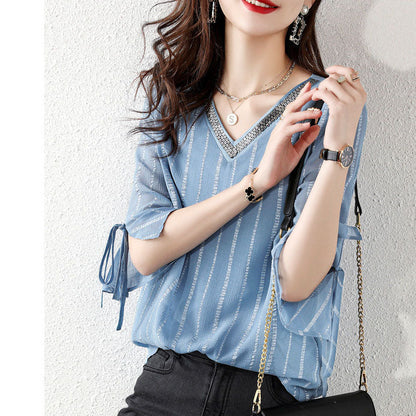 Sky Blue Sequins V Neck Jacquard Chiffon Shirt Half Sleeve