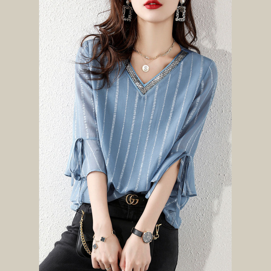 Sky Blue Sequins V Neck Jacquard Chiffon Shirt Half Sleeve