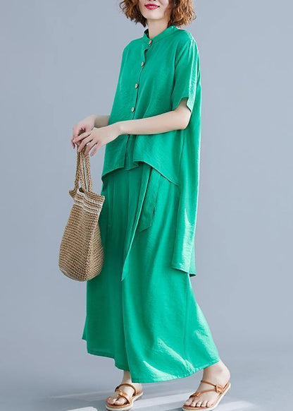 Suit Irregular Short-sleeved Shirt + Elastic Waist Straps Wide-leg Pants Silk Green Summer