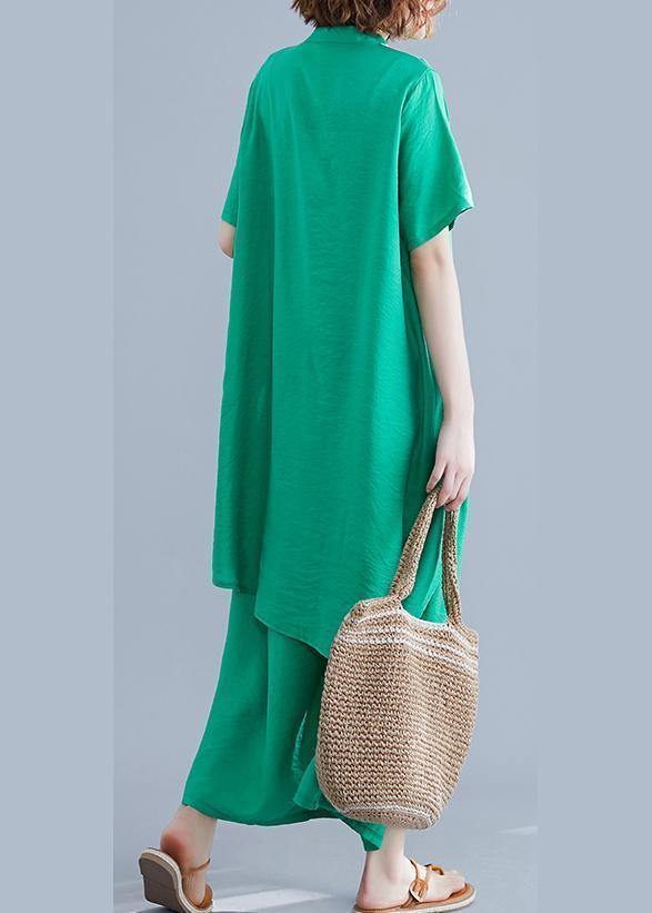 Suit Irregular Short-sleeved Shirt + Elastic Waist Straps Wide-leg Pants Silk Green Summer