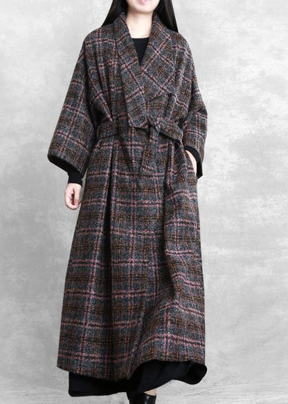 Coats Gray Plaid Tie Waist Pockets Wool Coat