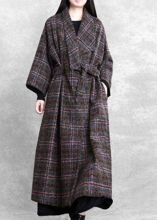 Coats Gray Plaid Tie Waist Pockets Wool Coat