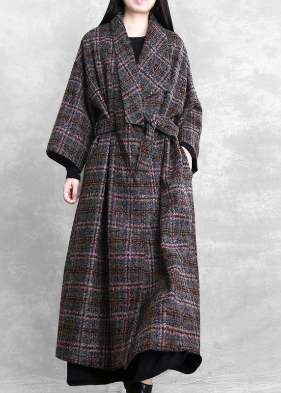 Coats Gray Plaid Tie Waist Pockets Wool Coat