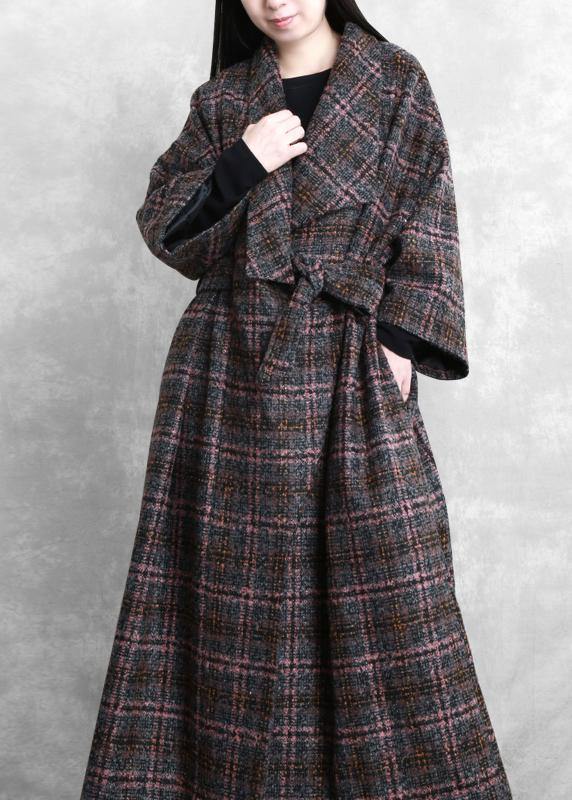 Coats Gray Plaid Tie Waist Pockets Wool Coat