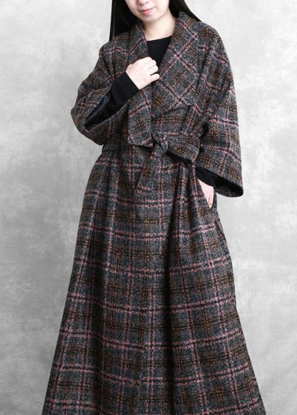 Coats Gray Plaid Tie Waist Pockets Wool Coat