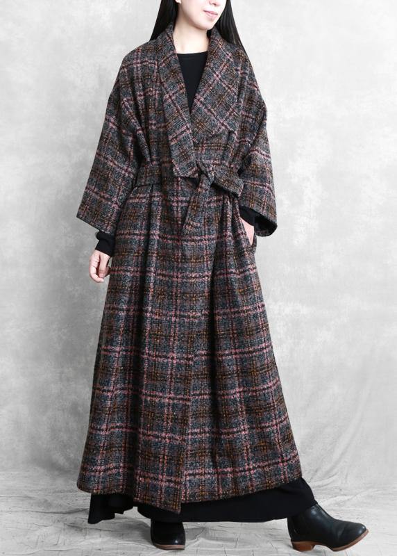 Coats Gray Plaid Tie Waist Pockets Wool Coat