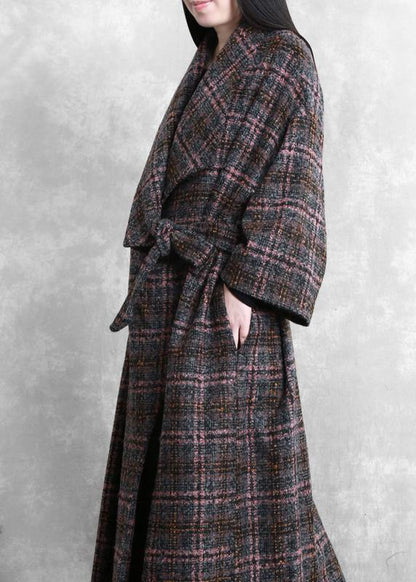 Coats Gray Plaid Tie Waist Pockets Wool Coat
