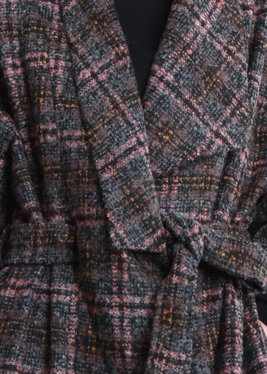 Coats Gray Plaid Tie Waist Pockets Wool Coat