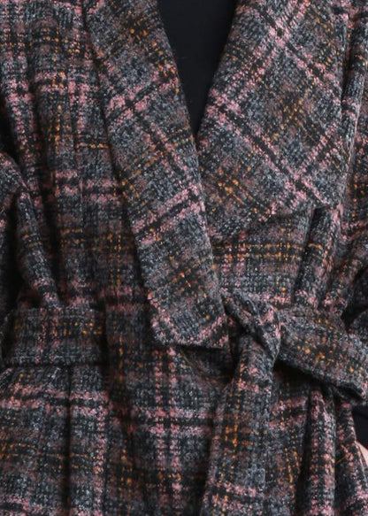 Coats Gray Plaid Tie Waist Pockets Wool Coat