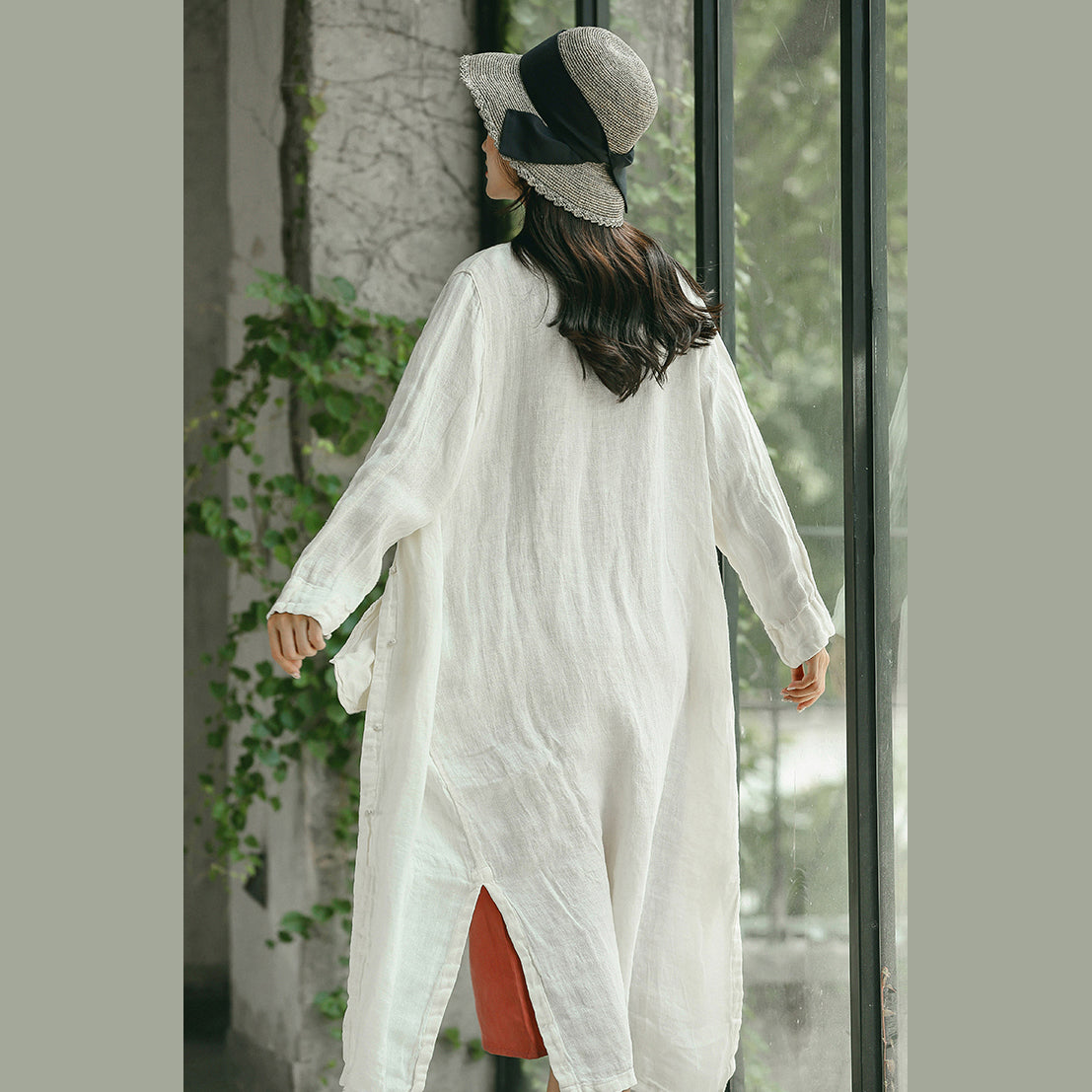 White Winter Coat Oversized V Neck Embroider Winter Coat Side Open Winter Coat
