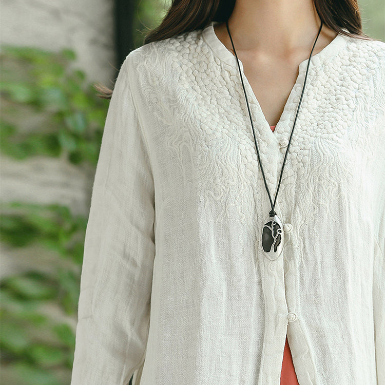 White Winter Coat Oversized V Neck Embroider Winter Coat Side Open Winter Coat