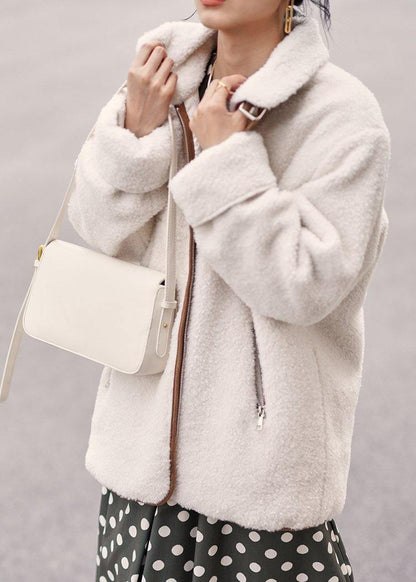 White Wool Coat for Woman Loose Fitting Coats Zippered Lapel Jackets