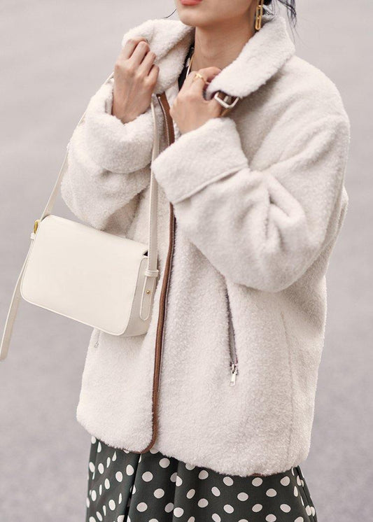 White Wool Coat for Woman Loose Fitting Coats Zippered Lapel Jackets