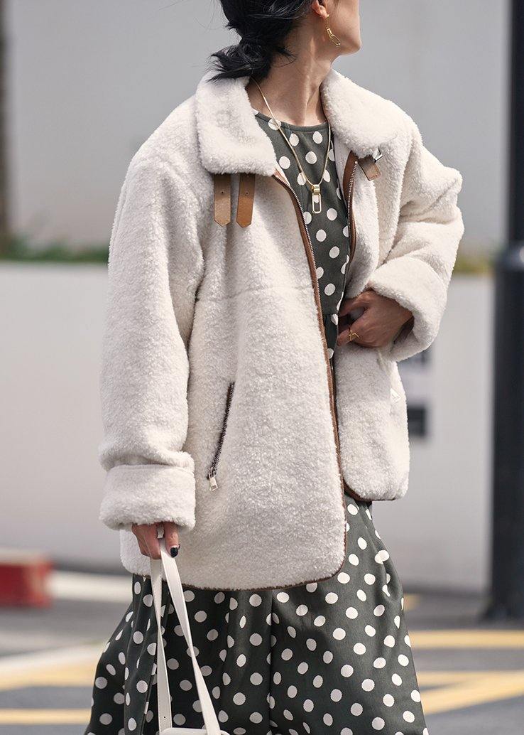 White Wool Coat for Woman Loose Fitting Coats Zippered Lapel Jackets