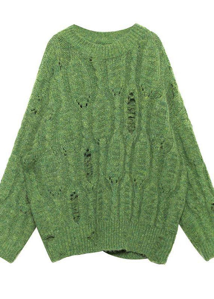 Winter Green Sweaters O Neck Patchwork Hole Knit Blouse