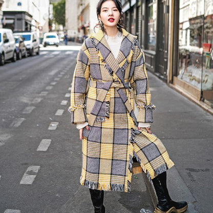 Yellow Plaid Coats Notched Outwear Pockets Tassel Coats