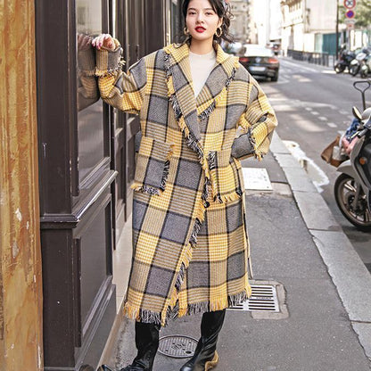 Yellow Plaid Coats Notched Outwear Pockets Tassel Coats