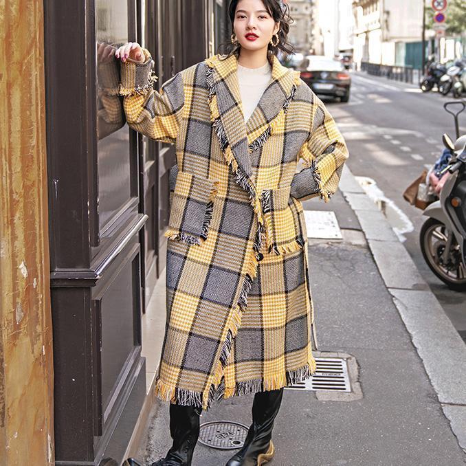 Yellow Plaid Coats Notched Outwear Pockets Tassel Coats