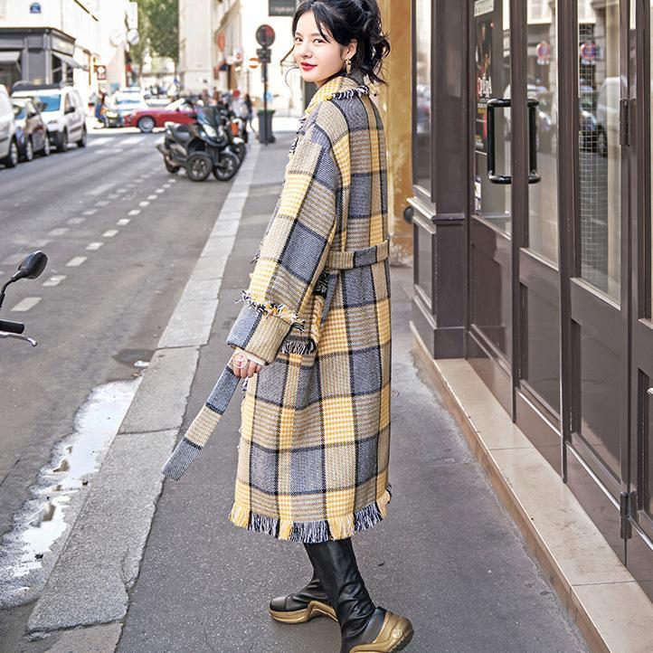 Yellow Plaid Coats Notched Outwear Pockets Tassel Coats