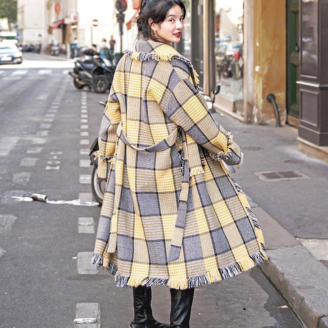 Yellow Plaid Coats Notched Outwear Pockets Tassel Coats