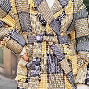 Yellow Plaid Coats Notched Outwear Pockets Tassel Coats