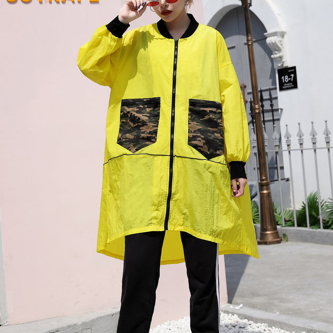 Yellow Thin Coat Low High Cardigans Big Pockets Jackets