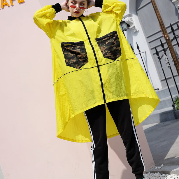 Fashion yellow thin Coat casual low high cardigans Fashion big pockets jackets