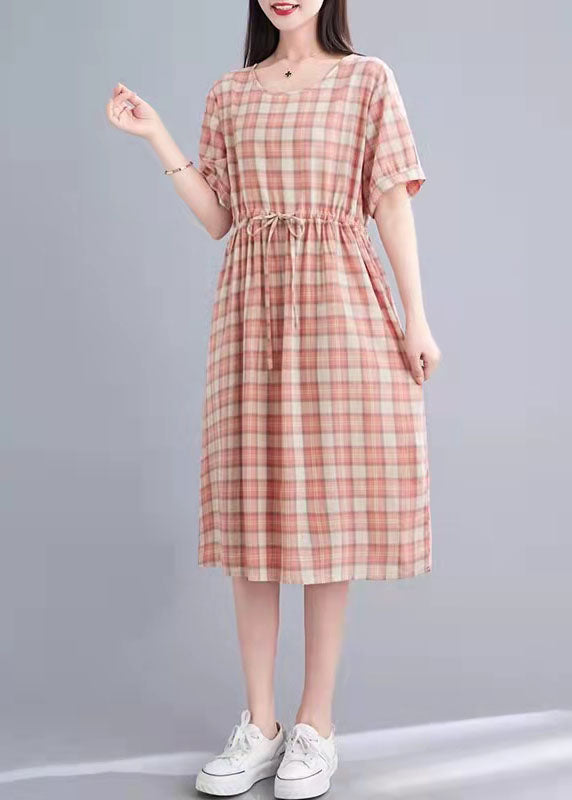 Cotton Clothes Fabric Pink Plaid Loose Dress Summer