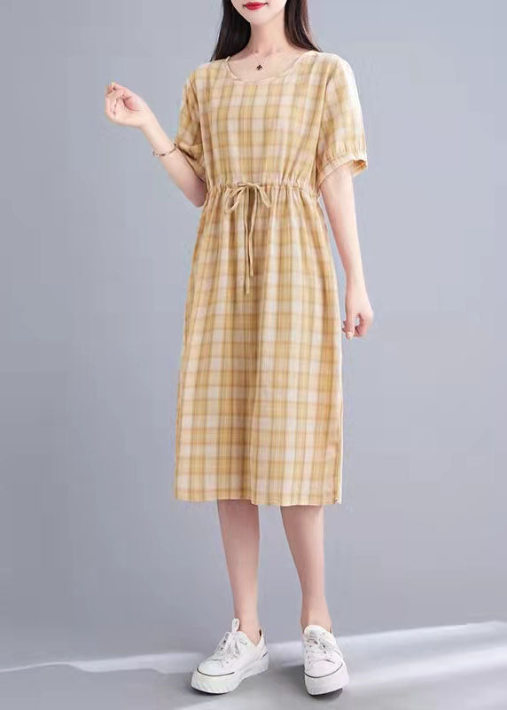 Cotton Clothes Fabric Pink Plaid Loose Dress Summer
