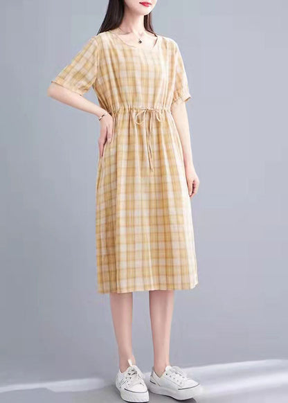 Cotton Clothes Fabric Pink Plaid Loose Dress Summer