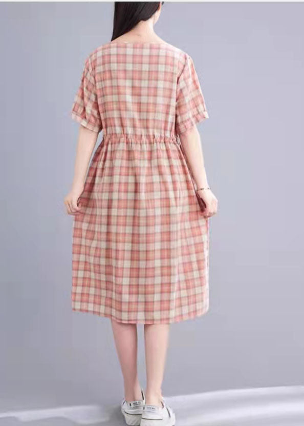 Cotton Clothes Fabric Pink Plaid Loose Dress Summer