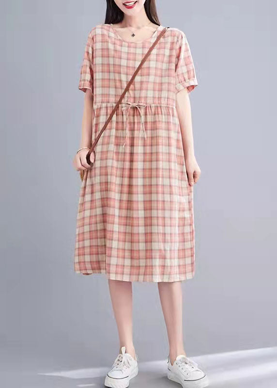 Cotton Clothes Fabric Pink Plaid Loose Dress Summer