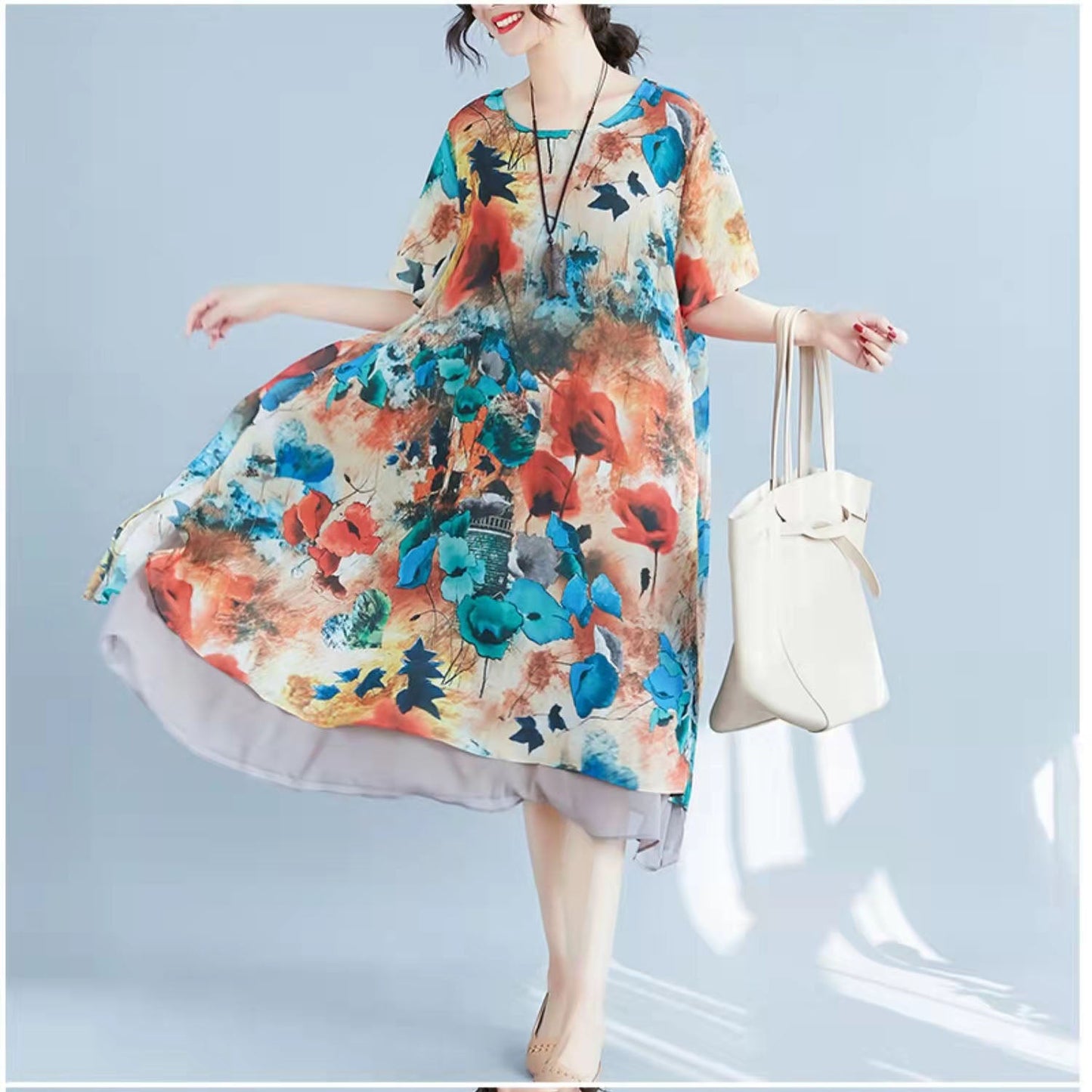 Red Prints Chiffon Shift Dresses Oversize Chiffon Clothing Dresses Half Sleeve Asymmetric Hem Cotton Clothing