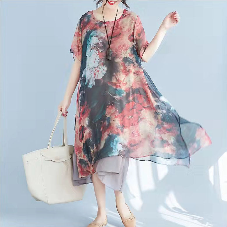 Red Prints Chiffon Shift Dresses Oversize Chiffon Clothing Dresses Half Sleeve Asymmetric Hem Cotton Clothing