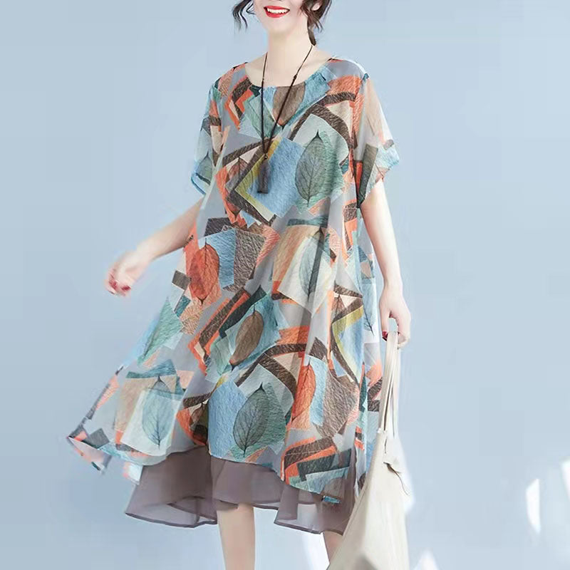 Red Prints Chiffon Shift Dresses Oversize Chiffon Clothing Dresses Half Sleeve Asymmetric Hem Cotton Clothing