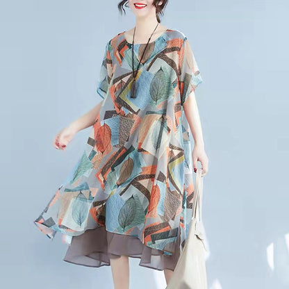Red Prints Chiffon Shift Dresses Oversize Chiffon Clothing Dresses Half Sleeve Asymmetric Hem Cotton Clothing