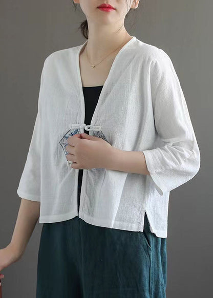 White Retro Embroideried Patchwork Summer Linen Blouse