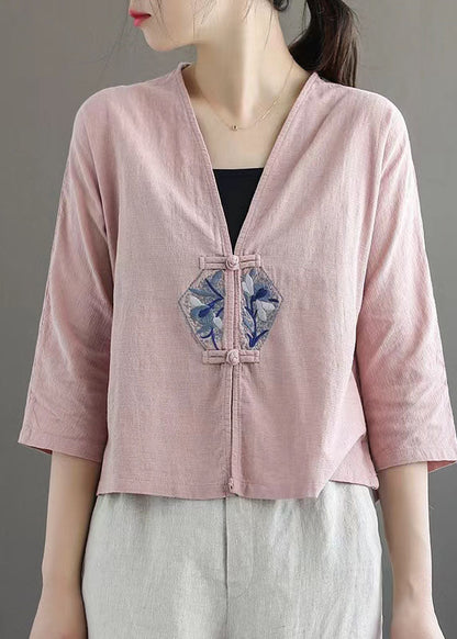 White Retro Embroideried Patchwork Summer Linen Blouse