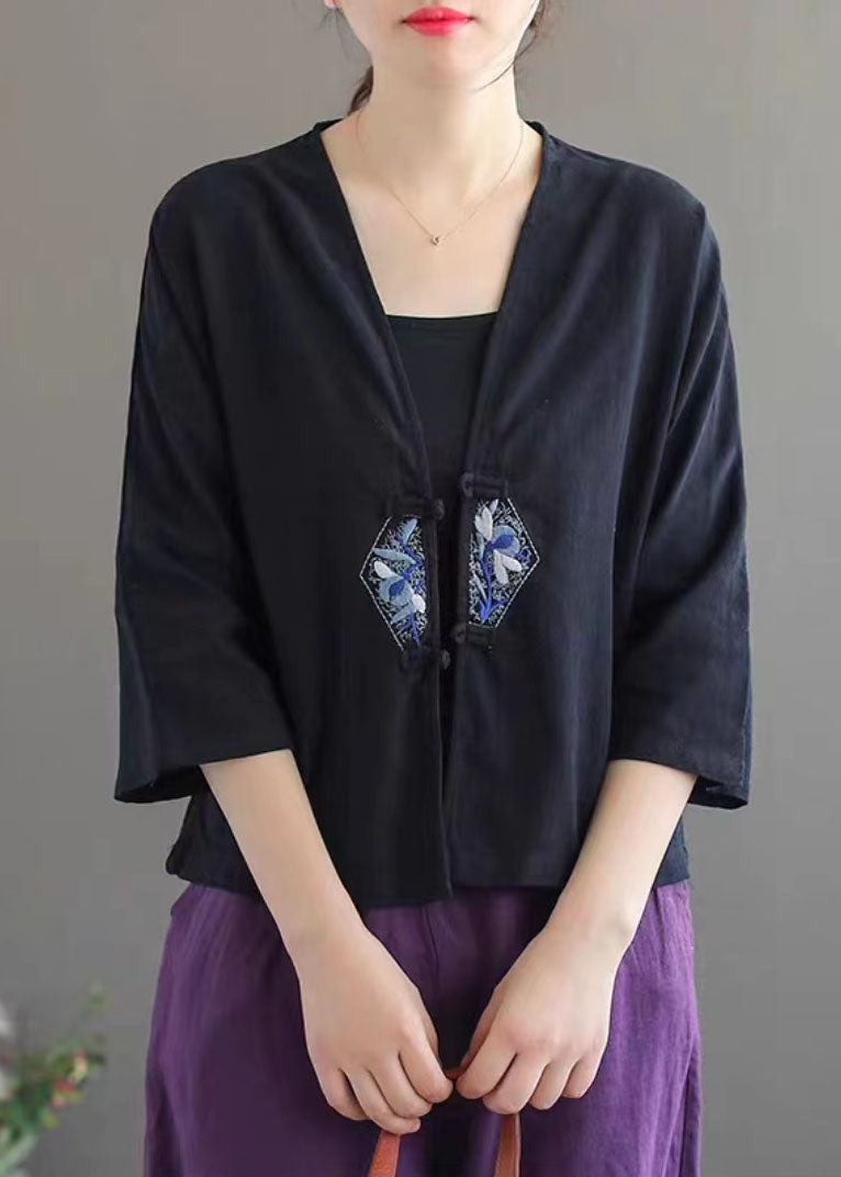 White Retro Embroideried Patchwork Summer Linen Blouse