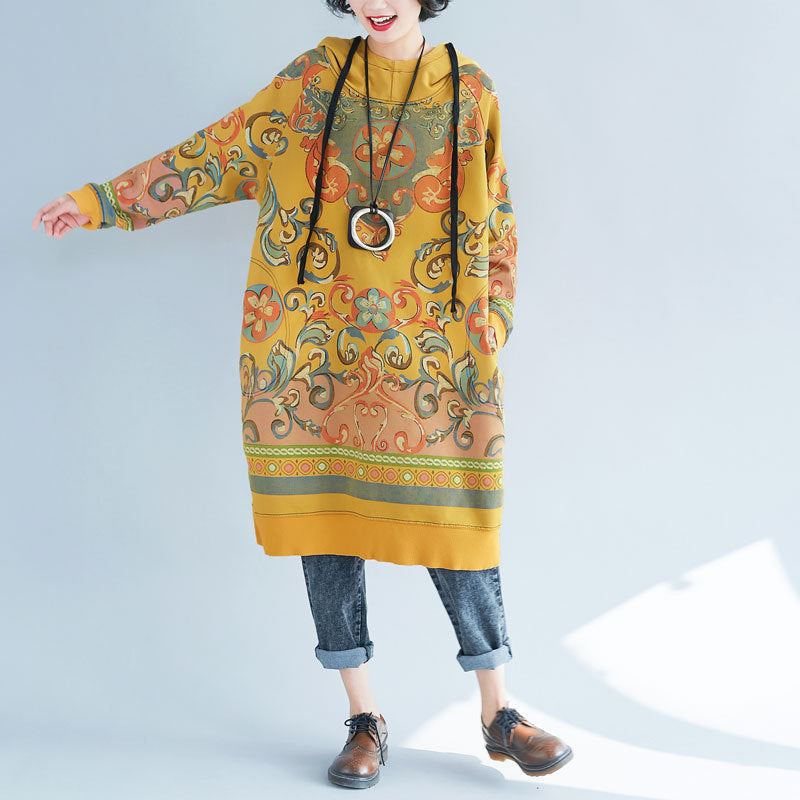 Yellow Hooded Side Open Print Sweatshirt Dresses Spring