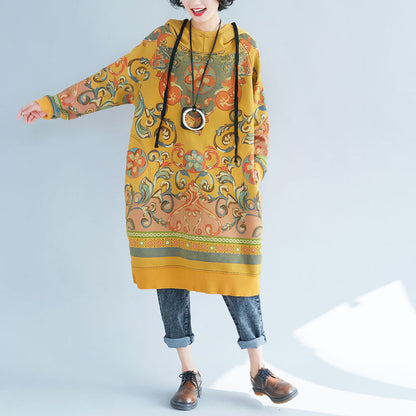 Yellow Hooded Side Open Print Sweatshirt Dresses Spring
