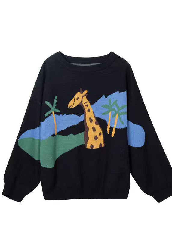 Black Knitted T Shirt High Neck Loose Fitting Spring Knitted Blouse