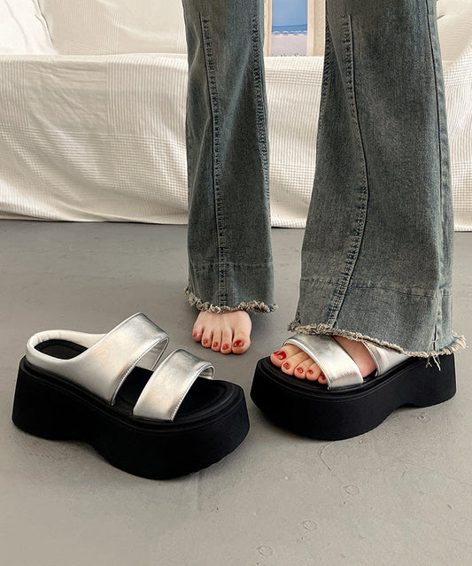 Faux Leather Splicing Silver Platform Slide Sandals Peep Toe