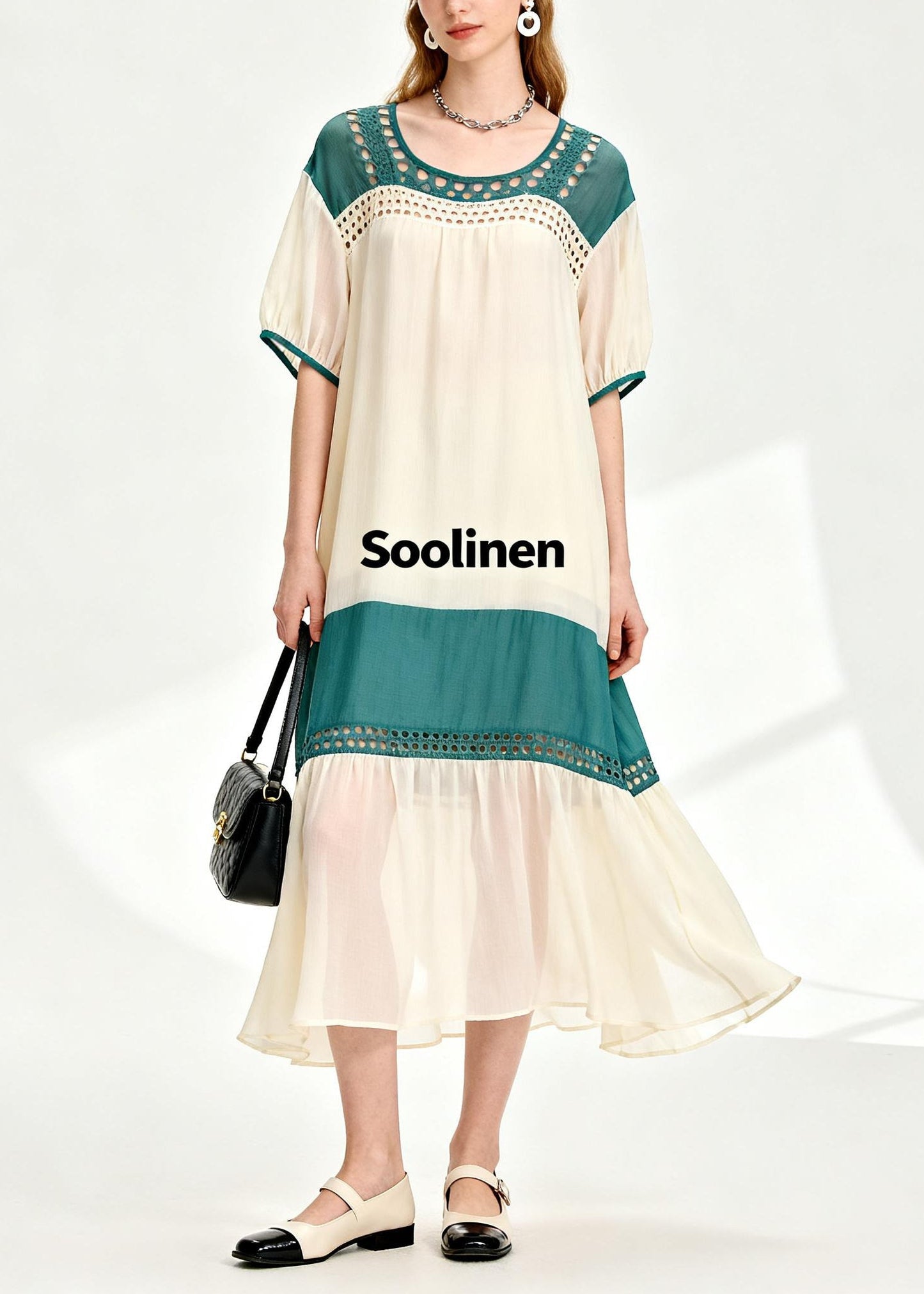Fine Apricot Hollow Out Patchwork Chiffon Long Dress Summer
